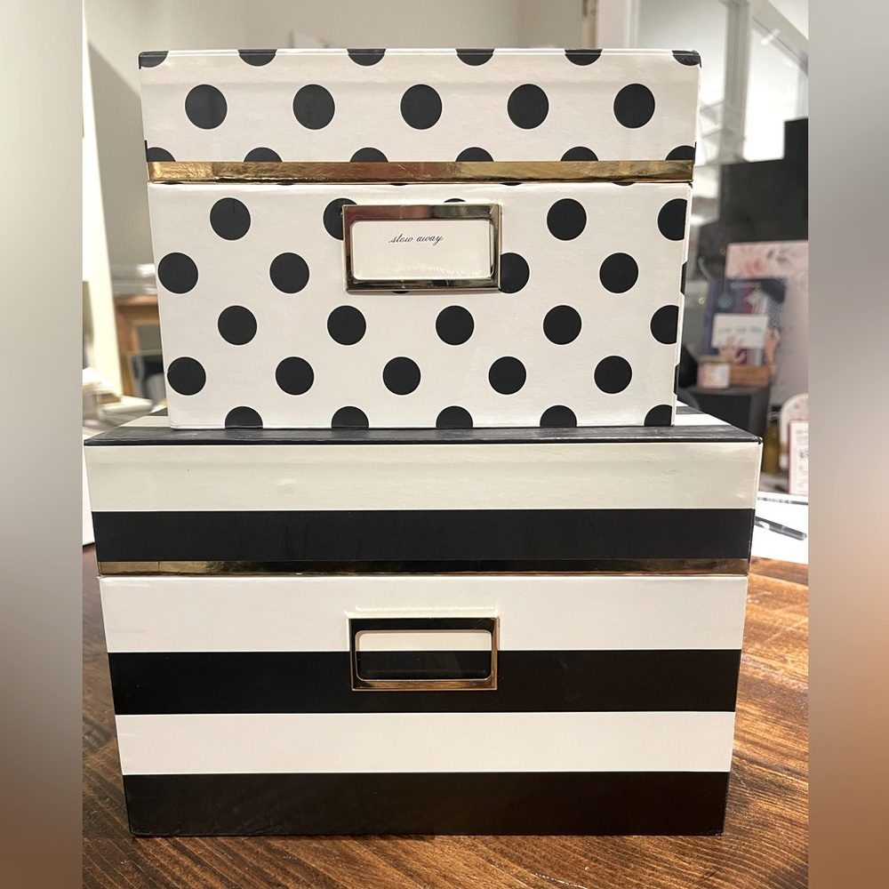 Set of 2 Kate spade nesting boxes black stripes and polkadots with floral inside